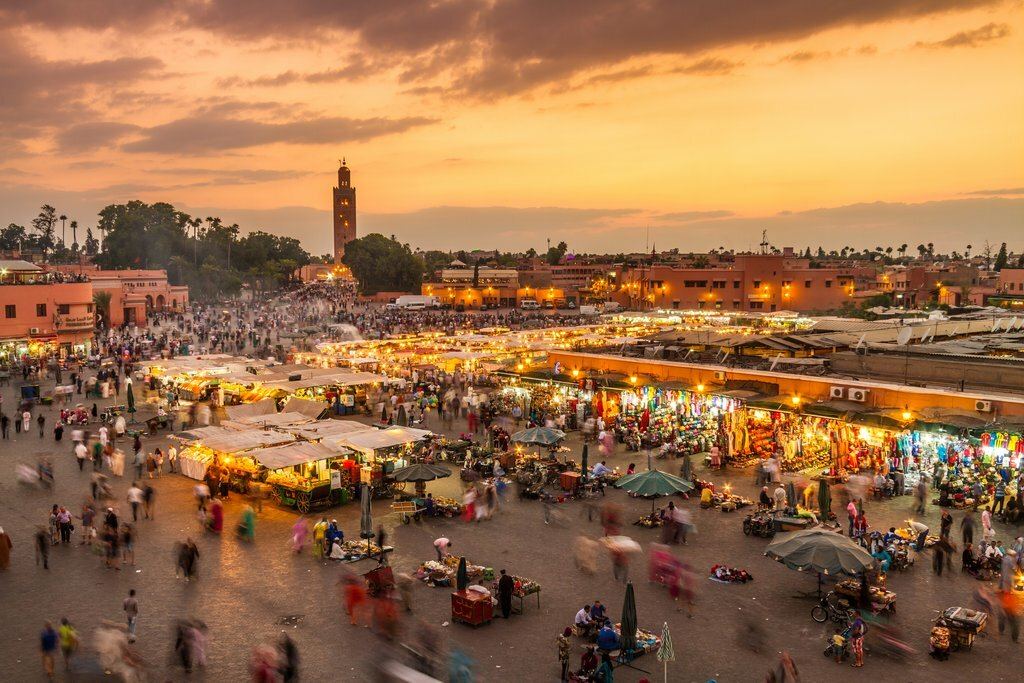 Jemaa el-Fnaa square at sunset in Marrakech